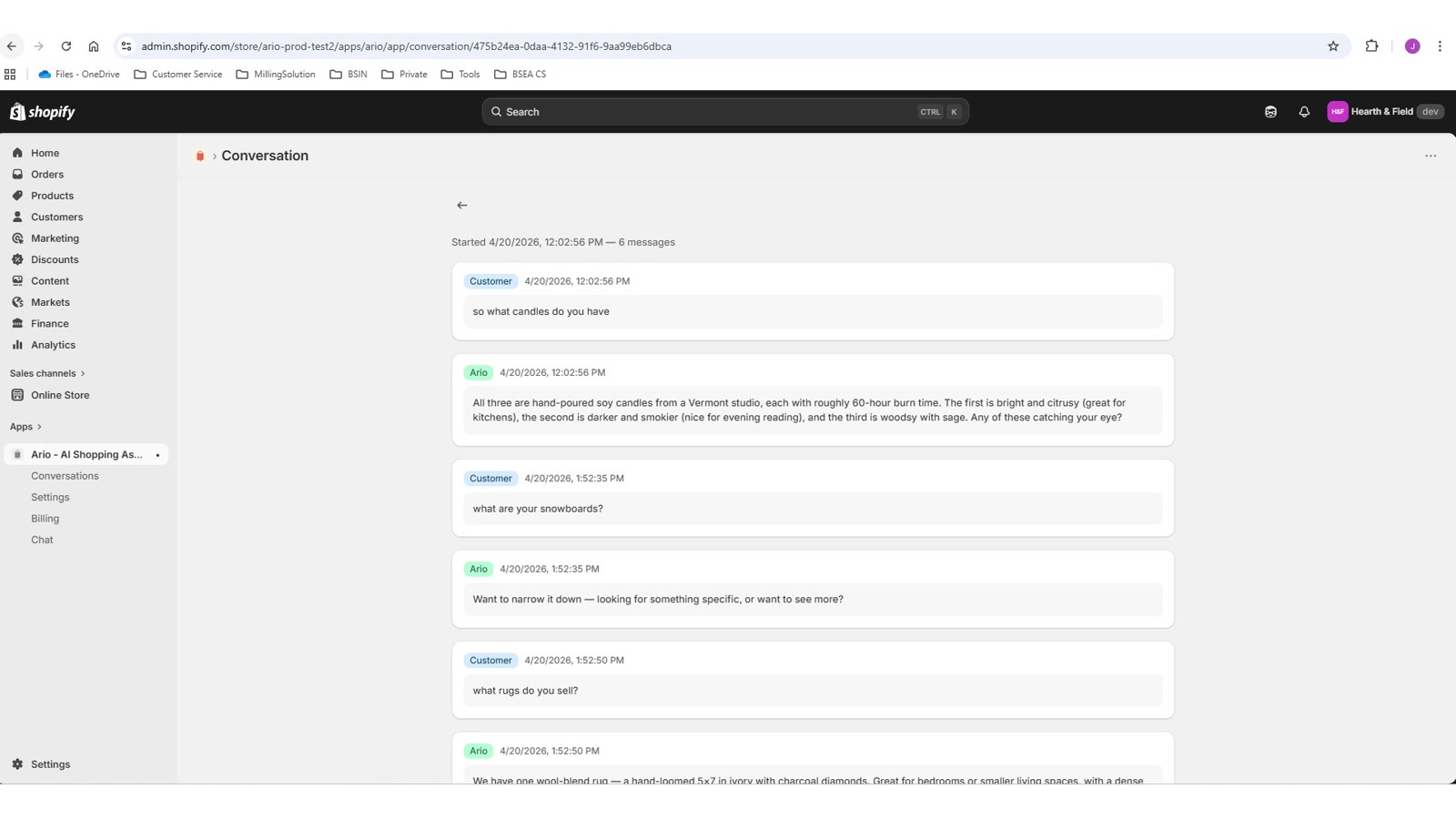 An Ario conversation showing product recommendations with prices